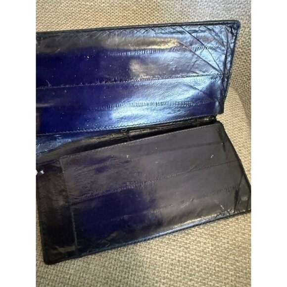 Genuine Eel Skin Eelskin Checkbook Cover Wallet Card Dark Navy Blue Purple Vtg - Picture 2 of 8